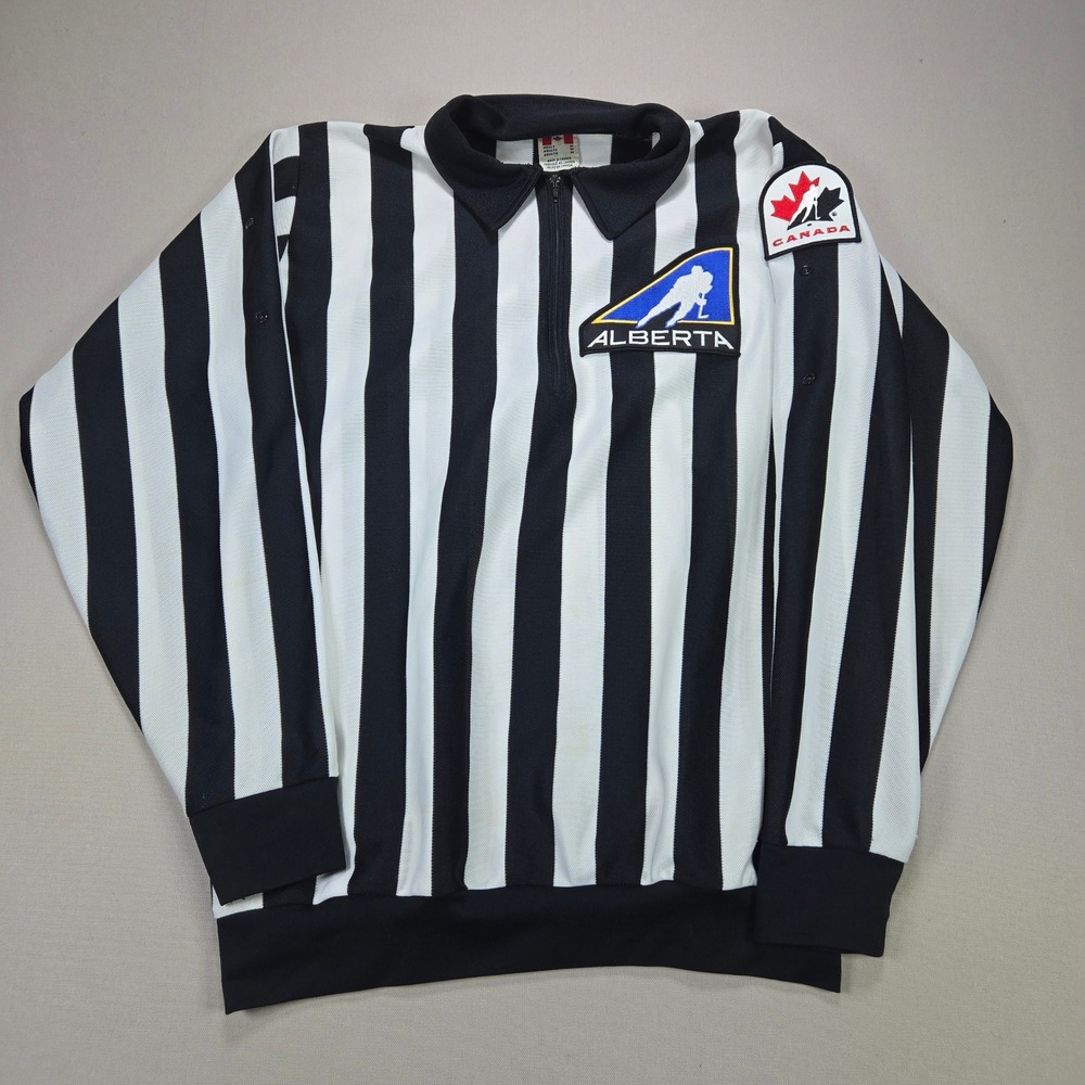 CCM Hockey Referee Jersey Alberta Canada Patch Striped Quarter Zip‎ Mens M